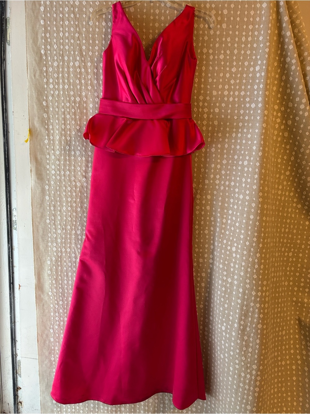 Allure Bridals Fuchsia V-Neck Peplum Satin Gown